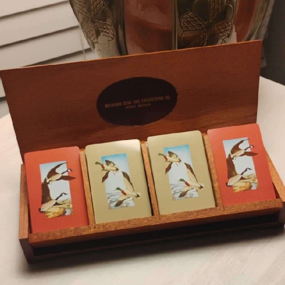 Mahogany Wooden 4 Deck Playing Cards, Holder, Covered Wagon Art